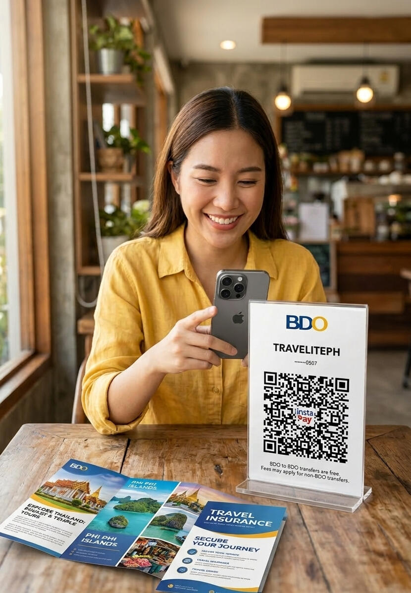 Mode of Payment A vibrant, visually appealing photograph captures an Asian woman with a warm smile using her phone to scan a QR code displayed on a modern standee.