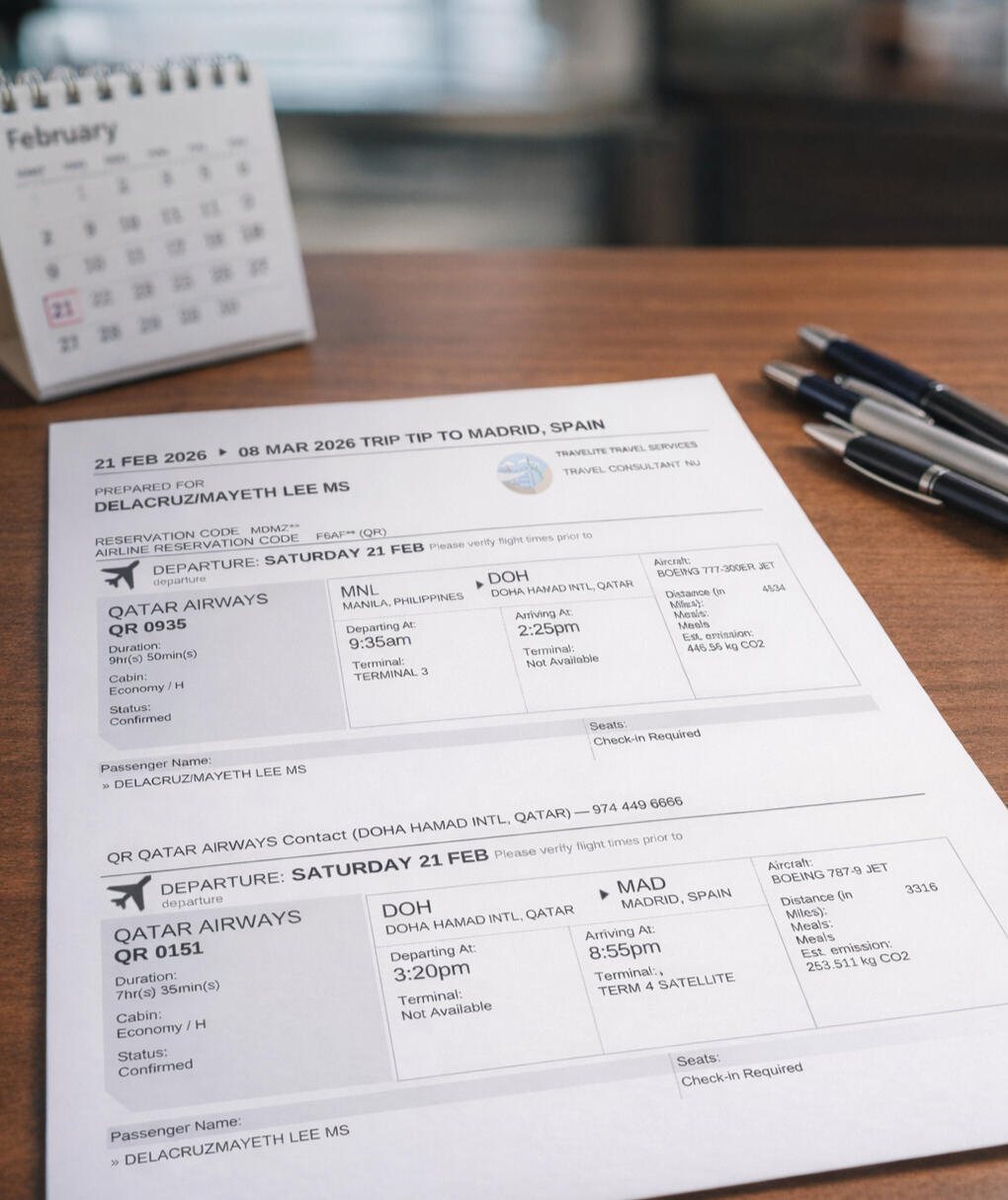 Visa application documents with confirmed airline reservation